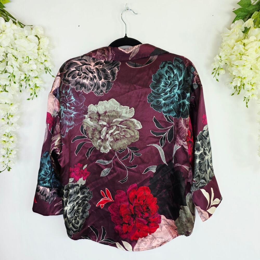 Joyspun Satin Sleep Top Medium Burgundy Floral Button Front Romantic Cottagecore - Picture 7 of 15